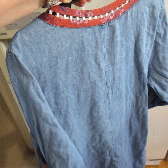 CRIMSON IN GRACE Boho Tunic Dress Womens L Blue Denim Tab Sleeve V Neck - Picture 4 of 4